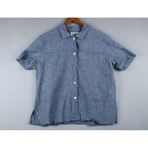 Vintage Erin London Linen Blend Button Up Shirt Size Large Blue Preppy Women